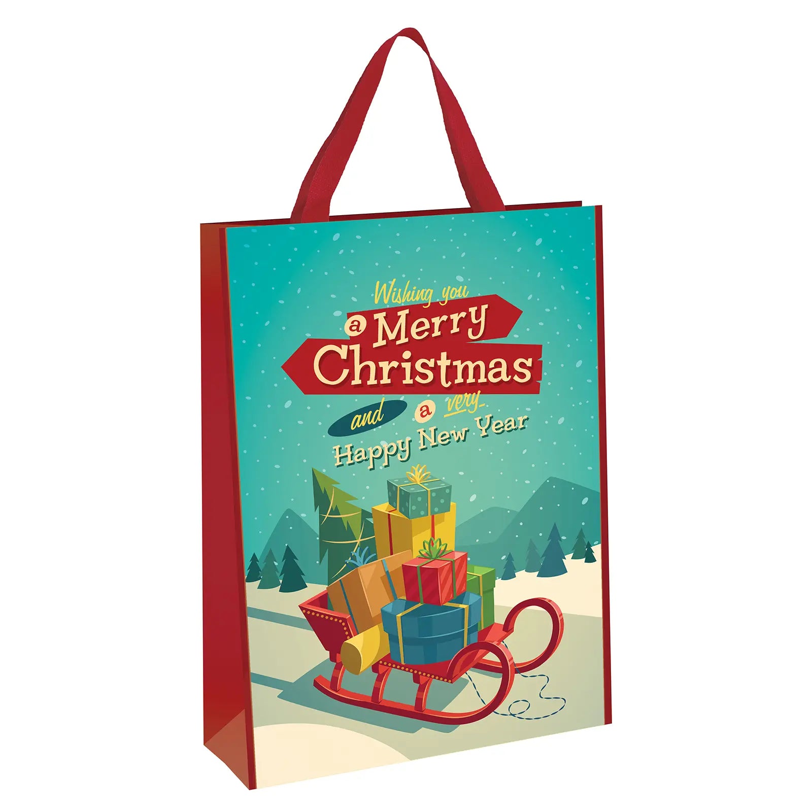 merry christmas slogan gift bag featuring santa sleigh design with a range of colourful gifts